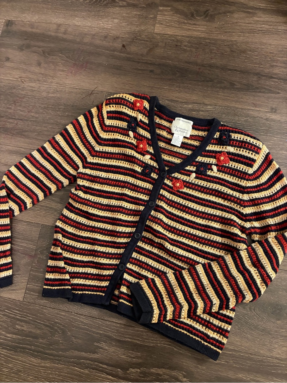 Vtg Christopher & Banks Striped Crochet Cardigan Hand Embroidered Cottagecore M
